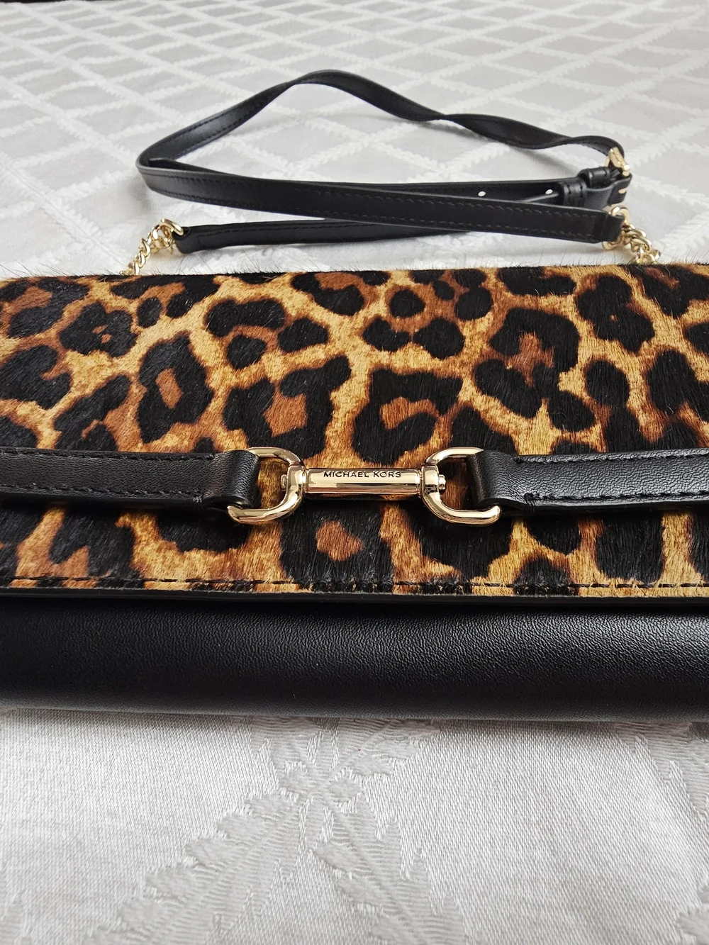 Michael Kors Leopard Print Leather Crossbody Bag in Black and Brown